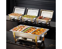 Warmounts 4-delige Gouden Chafing Dish Set – 7,6L Rechthoekige Warmhoudbakken van RVS met Meerdere Inzetbakken, Opvouwbaar Frame & Dekselhouder
