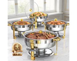 WARMOUNTS 6L Chafing Dish Set (4 Stuks) – Ronde Roestvrijstalen Warmhoudschalen met Glasdeksel, Stapelbaar Buffet Rechaud met Dekselhouder – Zilver & Goud, Voor Catering, Feest, Bruiloft
