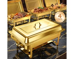 WARMOUNTS Chafing Dish Set 4 Stuks – 10,4 L Grote Buffetwarmhouders – RVS Bain-Marie Warmhoudbakken met Deksel – Goud – voor Catering, Feesten en Bruiloften