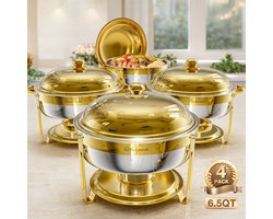 WARMOUNTS Chafing Dish Set van 4 – 6,15 L Ronde RVS Buffetwarmers met Dekselhouder – Stapelbaar – Voor Catering, Bruiloften en Feesten – Goud