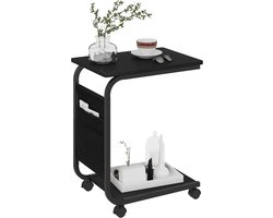 WARRAICH-Bijzet- en salontafel met 2 planken en 1 zijvak, uitgerust met wielen, ideaal als praktische woonkamertafel