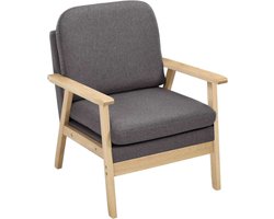WARRAICH-Fauteuil: Enkele Loungestoel van Linnen met Massief Houten Frame in Donkergrijs