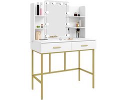 WARRAICH-Kaptafel met spiegel en LED-licht – 2 laden, melamine en metalen frame, wit met goudaccenten