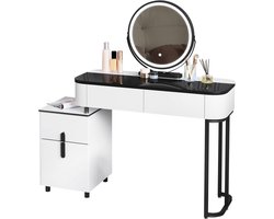 WARRAICH-Moderne kaptafel met glazen blad, LED-verlichting, lades en zijkast – wit/zwart design