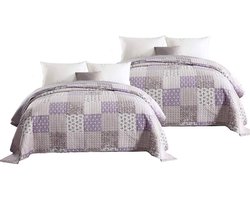 warraich-Set van 2 paars-witte patchwork spreien - omkeerbaar microvezel design voor elk seizoen-220 x 240 cm