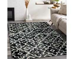 Wasbaar Marokkaans vloerkleed 90x150cm - zwart grijs - geometrisch design - zacht antislip - laagpolig - keuken badkamer - KIMODE vloerkleed
