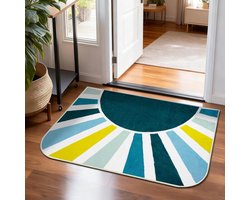 Wasbaare deurmat, 51 x 76 cm, kleine vloerkleden voor ingang, keuken, badkamer, deurmat voor binneningang, antislip laagpolig, regenboog, zon, modern tapijt voor woonkamer, blauwgroen
