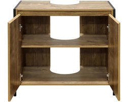 Wasbak onderkast Mangohout look met zwart metalen frame Opbergkast met deur en plank Industrieel badkamermeubel Open onderzijde Ruimtebesparend Design 70x40x65 cm