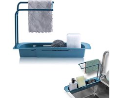 Wasbak Rek - Vaatdoekhouder Gootsteen Organizer - Blauw - Uitschuifbaar 36 tot 50 cm - Kunststof - Afwas Spons Houder