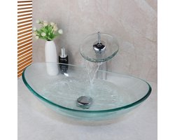 Wasbak waskom ovaal Blank Glas 47x 30 cm met hoge watervalkraan met glazen schijf waar het water afloopt