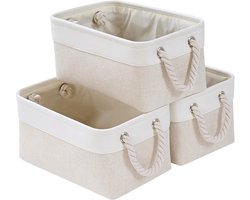 Wasbare Opbergdozen Set van 3, Medium Cube Mand voor Kleding, Kast en Plank (Licht Beige/Wit)