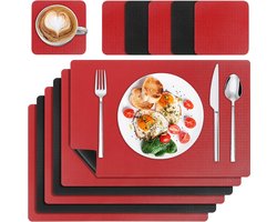 Wasbare placemats, afwasbaar, set van 6 stuks, leer met onderzetters, dubbelzijdige antislip, hittebestendig, tafeldecoratie, plaatmatten voor keuken, eettafel, zwart