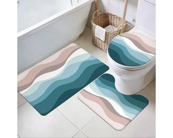Wasbare U-vormige Toiletmat van Wol, Antislip Badmat voor Badkamer, Set van 3 in Blauw en Bruin