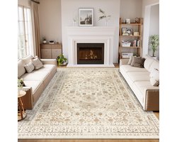 Wasbare vloerkleden voor woonkamer, 200 x 300 cm, vintage vloerkleden, antislip traditioneel oosters slaapkamertapijt, laagpolige dunne vloermat voor eetkamer, keuken, kantoordecoratie, beige