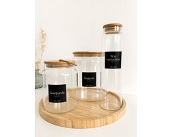 Washok Organizer Set 5 Delig – 3 Glazen Opbergpotten met Bamboe Deksel, Fles, Dienblad & 12 Labels – Wasruimte Organizer