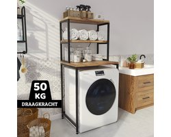 Wasmachine Kast - Droger Ombouw Meubel - Walnoot Houtkleur met Zwart Metaal - 3 Etages - 50x68x155 cm