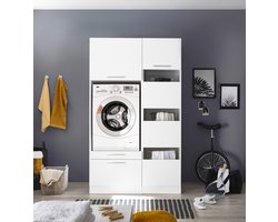 Wasmachine ombouwkast en wasmand kast met halfhoge deuren - Wasmachine verhoger met lade - Wasmachine kast - Wit - Hoogte 200 cm - Wasmachine ombouw meubel