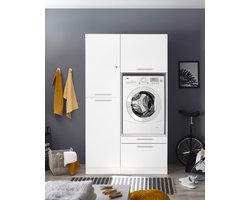 Wasmachine verhoger met lade en Linnenkast met Afsluitbare bovenkast - Wasmachine ombouwkast - Wasmachine kast - Wit - Hoogte 200 cm - Wasmachine ombouw meubel