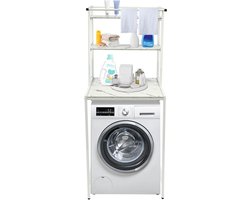 Wasmachinekast - Opzetkast Droger - Badkamer Organizer - Verstevigd X-frame - 69 x 60 x 176 cm - Wit Marmer