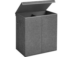Wasmand 142L, Faux linnen wasverzamelaar, Wassorteerder, Waskist met 2 compartimenten, magnetisch deksel en handvaten, opvouwbaar, Waszak verwijderbaar, donkergrijs LCB002G02