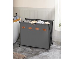 Wasmand, 155 liter wasmand, wasbox, 4 vakken, opvouwbaar X-frame, individuele labels, voor wasruimte, slaapkamer, badkamer, leisteengrijs