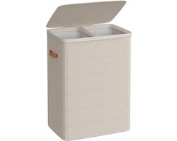 Wasmand 170 Liter met Deksel - 2 Vakken Wassorteerder - Grote Wasbox van Stof - 56x40x75 cm - Opvouwbare Waszak - Beige / Crème
