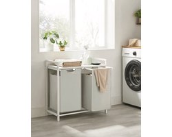 Wasmand 2 compartimenten, wasmand met plank, waskast, oxford stof verwijderbaar metalen frame, 2 x 46 l, 73 x 33 x 72 cm, wit