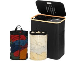 Wasmand 2 Vakken - 150L - Groot formaat - Met uitneembare Waszakken - Wasmand met Deksel - Sterk materiaal - Wassorteerder Zwart - Hanamura