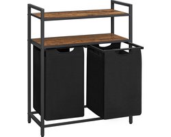 Wasmand 2 vakken – wassorteerder - uitschuifbaar met 2 planken - 73 x 33 x 91 cm – wasmand met uitneembare zakken en klittenband sluiting - 76L verdeeld over 2 zakken – wasmanden – wasmand zwart metaal - bruin hout