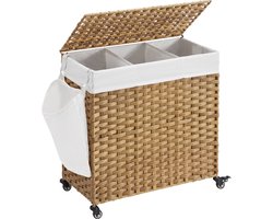 Wasmand 3 compartimenten op wielen imitatie natuurlijke rotan
