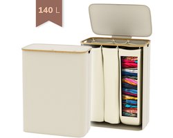 Wasmand 3 Vakken 140L met Deksel - Wassorteerder - Uitneembare Waszakken - Metalen Frame - Beige
