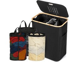 Wasmand 3 Vakken - 150L - Groot formaat - Met uitneembare Waszakken - Wasmand met Deksel - Sterk materiaal - Wassorteerder Zwart - Hanamura