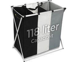 Wasmand 3 Vakken - Stevige grote wassorteerder - 118 L - Opvouwbaar – Laundry Basket - Zwart Wit Grijs - Aluminium - Polyester