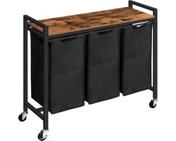 Wasmand 3 vakken – Was sorteerder - Op wielen - 84 x 30 x 74,5 cm – Wasmand - 168L verdeeld over 3 zakken – Wasmanden – Wasmand zwart metaal - Bruin hout - Met wielen