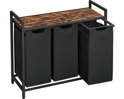 Wasmand 3 Vakken – Wassorteerder – Uitschuifbaar Met Plank – 114 L Verdeeld Over 3 Zakken – Wasmanden – Wasmand Zwart Metaal – 92,5 x 33 x 71 cm –Bruin Hout