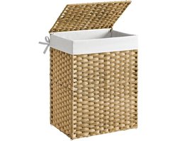 Wasmand, 90L synthetische rattan opslagmand met deksel en handgrepen, rieten, opvouwbaar, verwijderbare voeringen, natuurlijke kleur