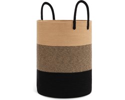 Wasmand gevlochten wasmand mand opbergmand katoen rotan mand handdoekmand voor badkamer woonkamer kinderkamer mand voor dekens babyspeelgoed, 38 x 50 cm, zwart