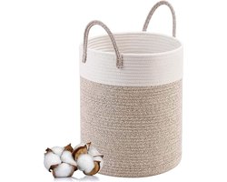 Wasmand Katoen - Opbergmand 40 ltr - Gevlochten mand - Wasmand opvouwbaar - Met handvaten - 100% Handgeweven Biologisch Katoen - Dekenmand - Speelgoedmand - Stevig - Linnen-look - Wit/Beige