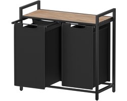 Wasmand met 2 vakken Wasgoed sorteerbak 73 x 33 x 72 cm zwart 2x46L grote capaciteit met verstelbare voetjes uittrekbare en afneembare waszakken en opbergrek Stevig metalen frame Geschikt voor wasruimte badkamer en slaapkamer