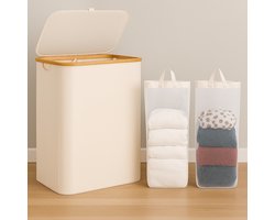 Wasmand met deksel - 140L - 2 Vakken - Duurzaam - Ruimtebesparend - Stijlvol - Beige