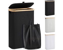 Wasmand, met deksel, 48 l, met waszak, smal, opvouwbaar, hoog, bamboehout, zwart