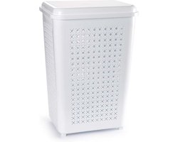Wasmand met deksel - 50 liter - wit - kunststof - 41 x 31 x 61 cm - grote wasmanden