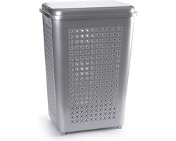 Wasmand met deksel - 50 liter - zilver - kunststof - 41 x 31 x 61 cm - grote wasmanden
