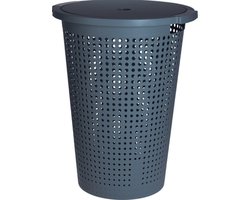 Wasmand met deksel - blauw - 35 liter - 40 x 52 cm - kunststof - rond - wasbox - mand voor wasgoed