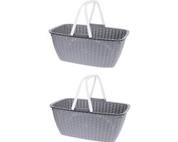 Wasmand met hengel - 2x stuks - grijs - kunststof - 35 liter - 60x40x30 cm - draagwasmanden - wasgoedmand