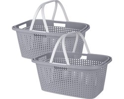 Wasmand met hengsel - 2x stuks - 38 liter - 60 cm - grijs/wit - Draagwasmanden - Wasgoedmand - Mand met handvatten