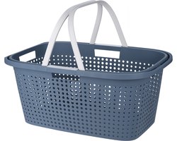 Wasmand met hengsel - 38 liter - 60 cm - blauw/wit - Draagwasmanden - Wasgoedmand - Mand met handvatten
