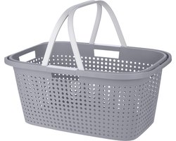 Wasmand met hengsel - 38 liter - 60 cm - grijs/wit - Draagwasmanden - Wasgoedmand - Mand met handvatten