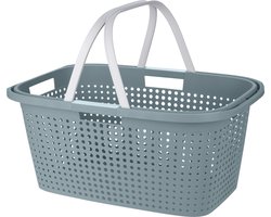 Wasmand met hengsel - 38 liter - 60 cm - groen/wit - Draagwasmanden - Wasgoedmand - Mand met handvatten
