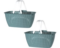 Wasmand met hengsels - 2x stuks - groen/wit - 26 liter - L43 x B30 x H21 cm - boodschappenmand